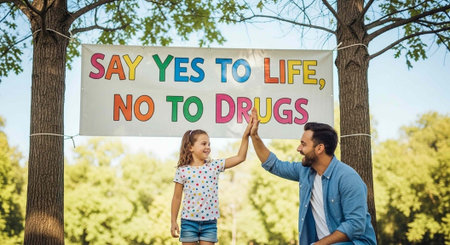 A man and a young girl high-fiving under a sign that says say yes to life no to drugsの写真素材