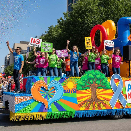 A vibrant parade float with people holding anti-drug signs and celebrating a healthy lifestyle on a...