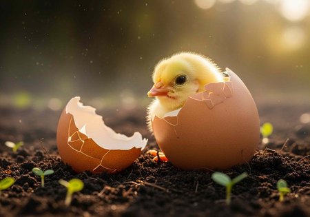 A small yellow chick emerges from a cracked brown eggshell in the soil with tiny green sprouts...