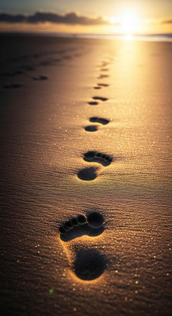 A serene beach at sunset with footprints in the sand leading towards the vibrant sky