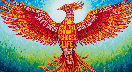 A vibrant phoenix bird with outstretched wings against a colorful background with a drug-free messageの写真素材