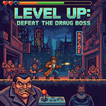 A pixel art video game scene with a cityscape and characters in a fighting game style