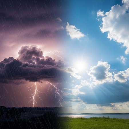 A dramatic split landscape with a stormy sky and lightning on one side and a serene sunny day on the...