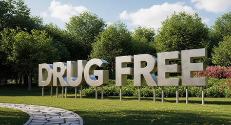 A large drug free sign in a park with trees and a stone pathwayの写真素材