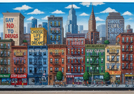 A vibrant cityscape with colorful buildings and anti-drug messages under a blue sky with clouds