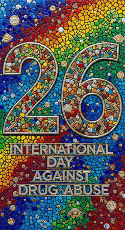A colorful mosaic poster for International Day Against Drug Abuse with the number 26