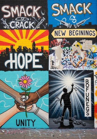 A vibrant mural depicting hope and unity in a urban setting with graffiti artwork and colorful...