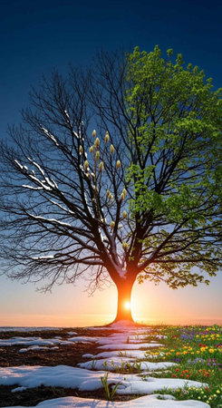 A tree with bare and green branches stands alone in a snowy field at sunset