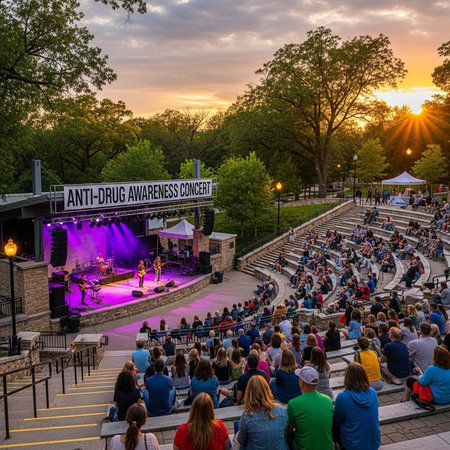 A crowd of people gathered at an outdoor concert for an anti-drug awareness event at sunset