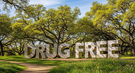 A large stone sign reading 'DRUG FREE' stands in a park with trees and green grassの写真素材