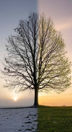 A tree stands divided between winter and spring during a serene sunset