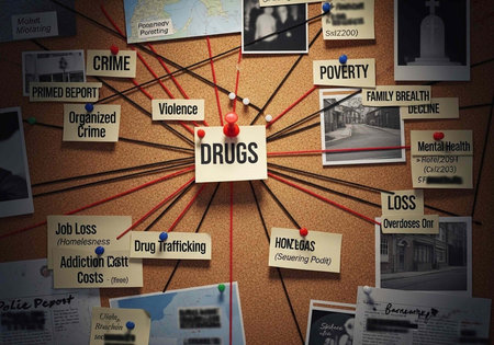 A corkboard with a central note about drugs surrounded by related issues like crime, poverty, and...