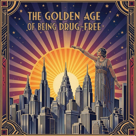A woman stands on a city skyline with a radiant sun behind her, symbolizing a golden age of...