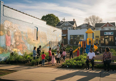 A group of people gathered in a vibrant urban park with a colorful mural and playground on a sunny...
