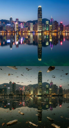A polluted cityscape with a striking contrast between a clean and dirty environment in two separate...