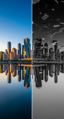 A split-screen cityscape with a vibrant daytime scene on one side and a dramatic nighttime view on the otherの写真素材