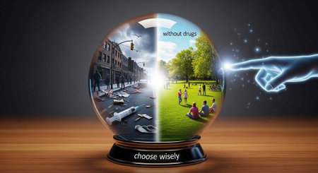 A crystal ball with a split image of a city street and a park, symbolizing the choice between two...