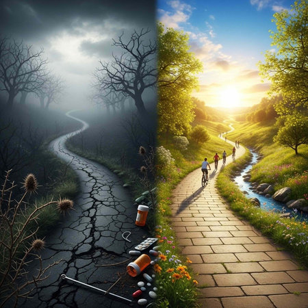 A split image contrasting a dark, barren path with a bright, serene landscape representing health...