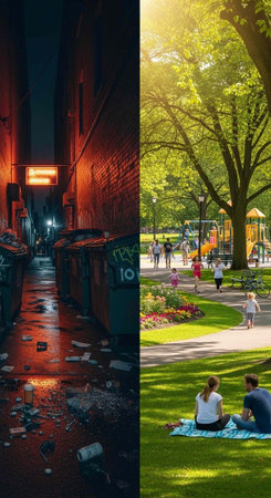 A split view of urban alleyway at night and a serene park scene with people enjoying nature
