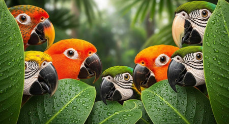 A vibrant group of colorful parrots perched on lush green leaves in a tropical rainforest setting.の写真素材