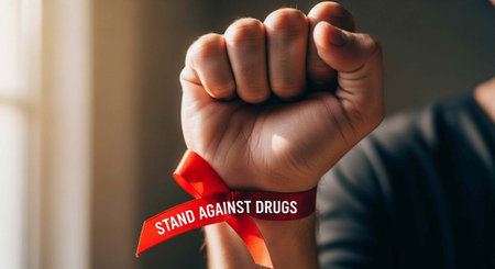 A person shows solidarity against drug abuse by wearing a red ribbon on their wrist