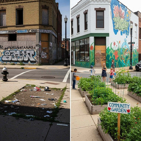 A vibrant community garden transforms a neglected urban space into a beautiful green oasis