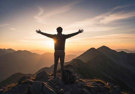 A man stands triumphantly on a mountain peak at sunset with arms outstretched towards the skyの写真素材