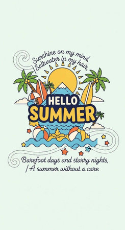 A colorful illustration of a summer scene with palm trees, surfboards, and a sunny beach