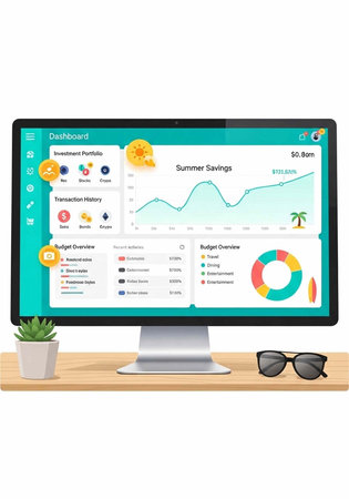 A computer monitor displays a colorful dashboard on a wooden desk with glasses and a plant nearby.