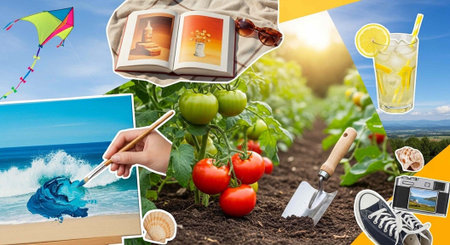 A vibrant images of leisure activities including gardening, painting, and enjoying refreshing drinks...
