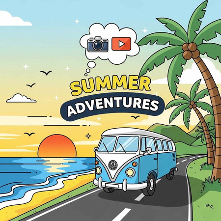 A cartoon blue van drives along a scenic coastal road with palm trees and a sunset in the...