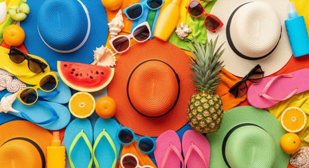 A vibrant summer arrangement of colorful hats, sunglasses, fruits, and flip flops on a bright...