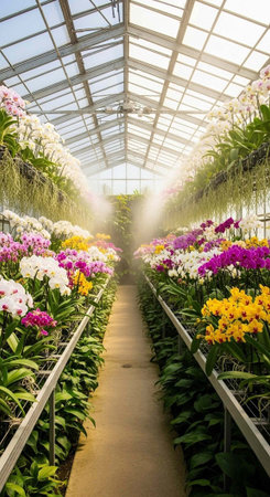 A beautiful greenhouse filled with vibrant flowers and lush greenery under natural lightの写真素材