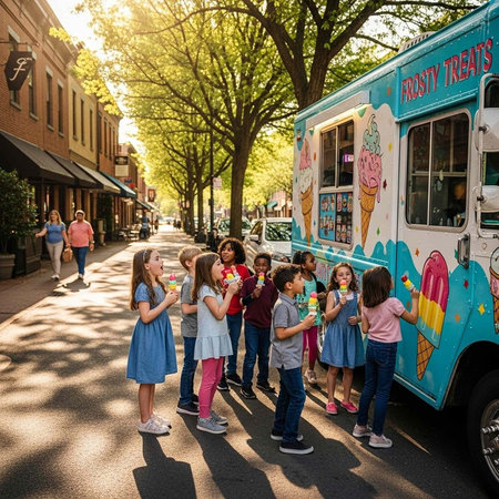 A group of happy children standing in line to buy ice cream from a colorful truck on a sunny street
