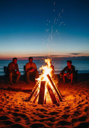 A group of friends gathered around a bonfire on a beach at dusk, enjoying a serene moment together