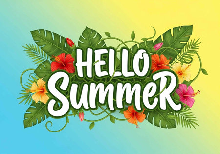A colorful illustration of tropical leaves and flowers with the words Hello Summer on a gradient...