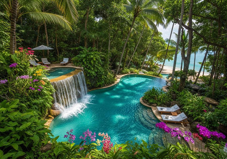 A serene tropical resort pool surrounded by lush greenery and vibrant flowers overlooking the ocean