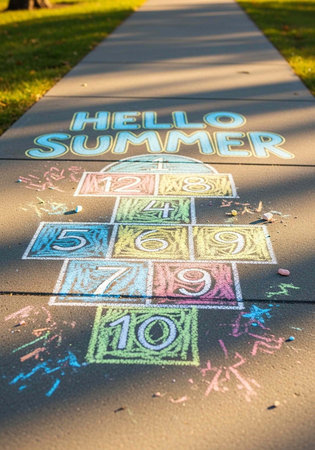 A colorful chalk drawing of a hopscotch game on a sidewalk with the words 'Hello Summer' written...