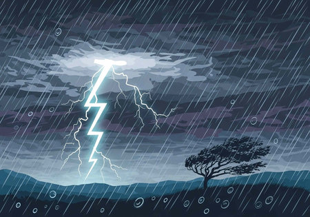 A dramatic illustration of a lightning storm with a lone tree in the foreground on a rainy night