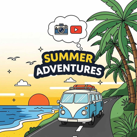 A cartoon blue van drives along a scenic coastal road with palm trees and a sunset in the background.