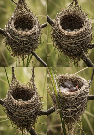 A bird's nest with eggs and a baby bird in a natural outdoor setting with branches and leavesの写真素材