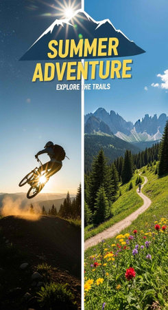 A person enjoying a summer adventure by mountain biking through a scenic trail with beautiful flowers and mountains