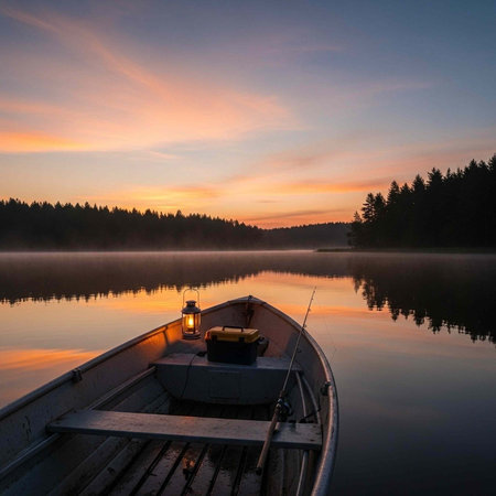 A serene wooden boat floats on a calm lake at sunset with a lantern and fishing rod on boardの写真素材