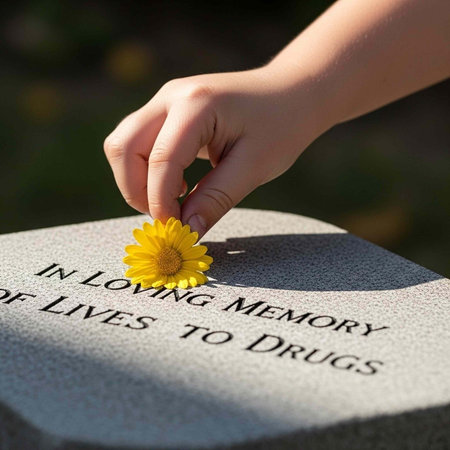 A person's hand placing a yellow flower on a memorial stone for loved ones lost to drugs