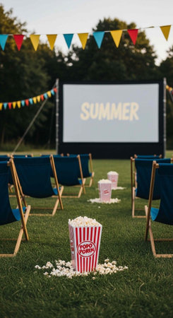 Outdoor movie screen with chairs and popcorn on a grassy field at dusk