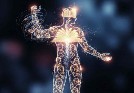 A glowing human figure with an open book in its chest radiates light and energy in a dark background