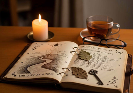 A serene and peaceful scene with a journal, candle, and tea on a wooden table in a cozy atmosphere