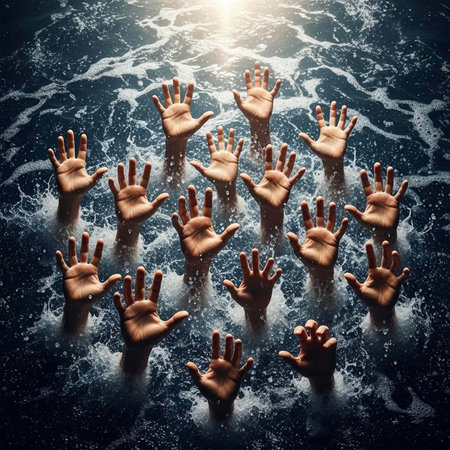Multiple hands reaching out of the water in a desperate attempt for help or rescue.