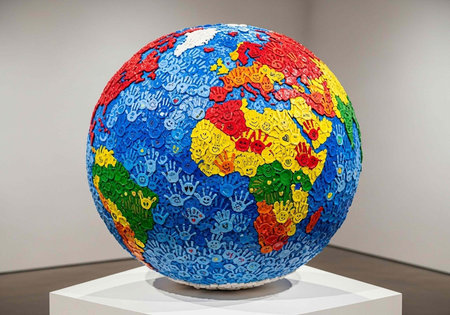 A colorful globe sculpture covered in handprints on display in a modern art gallery setting