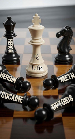 A chessboard with pieces labeled with words related to life and drug addiction